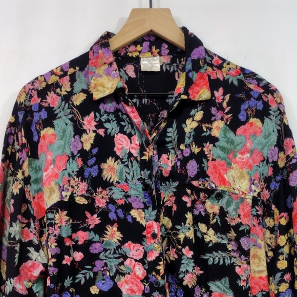 Vintage Whistles Floral Button Shirt Womens 40 Black Multicolor Retro Boho 90s - Picture 2 of 8
